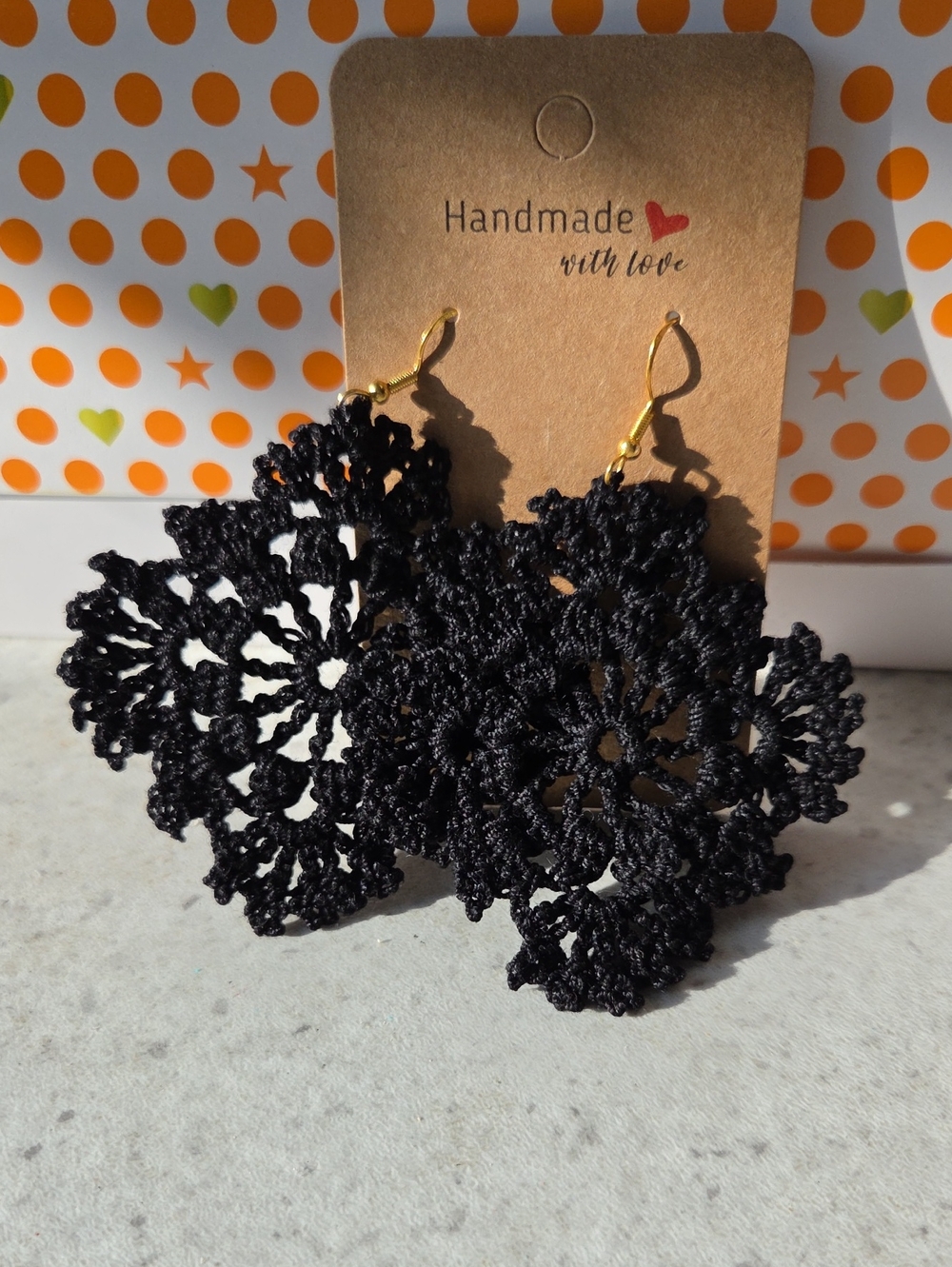 Handmade Black Crochet Square Drop Earrings
